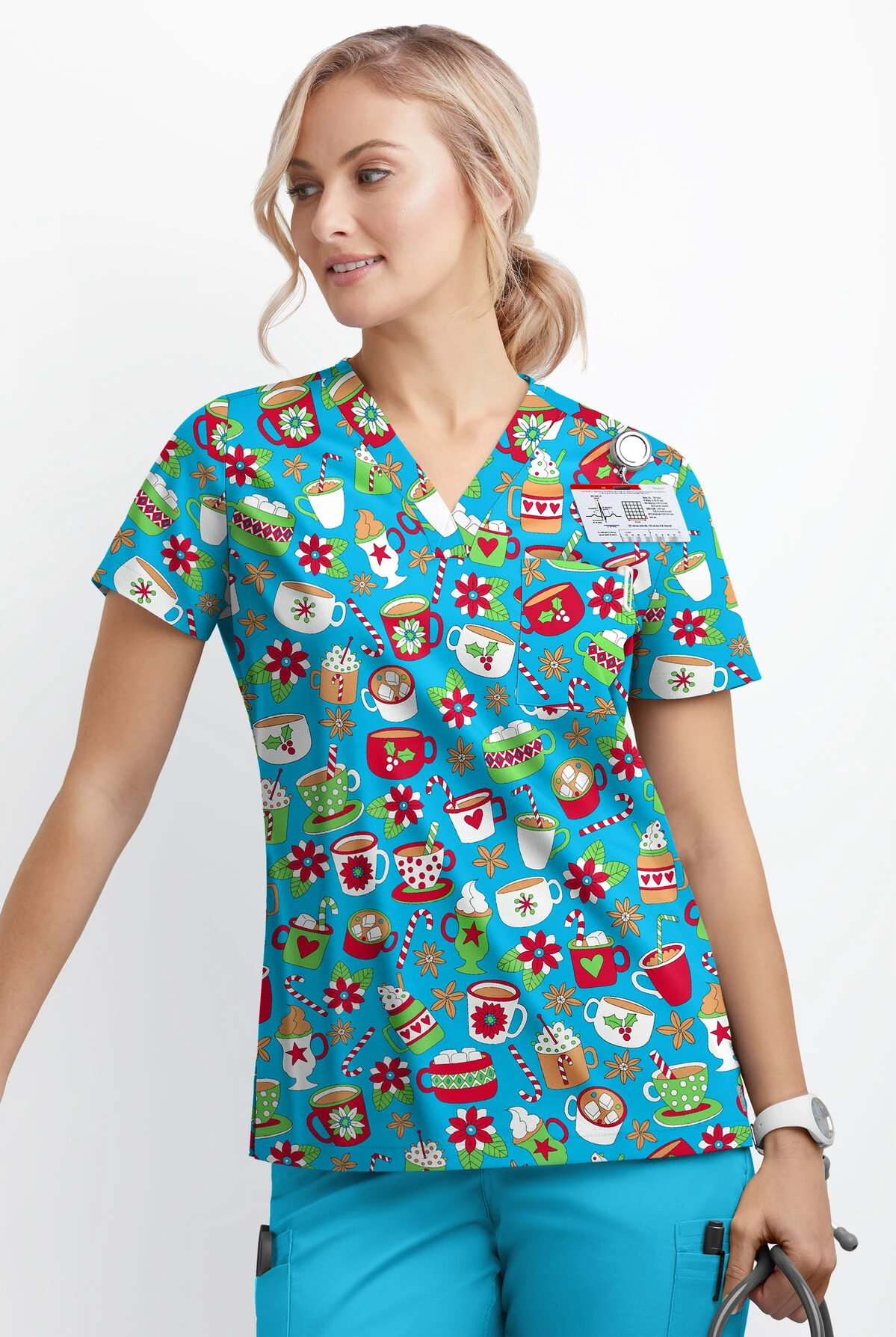 Butter-Soft X-Mas Coco Turquoise Women's 1-Pocket V-Neck Tuck-In Print Scrub Top - Image 2