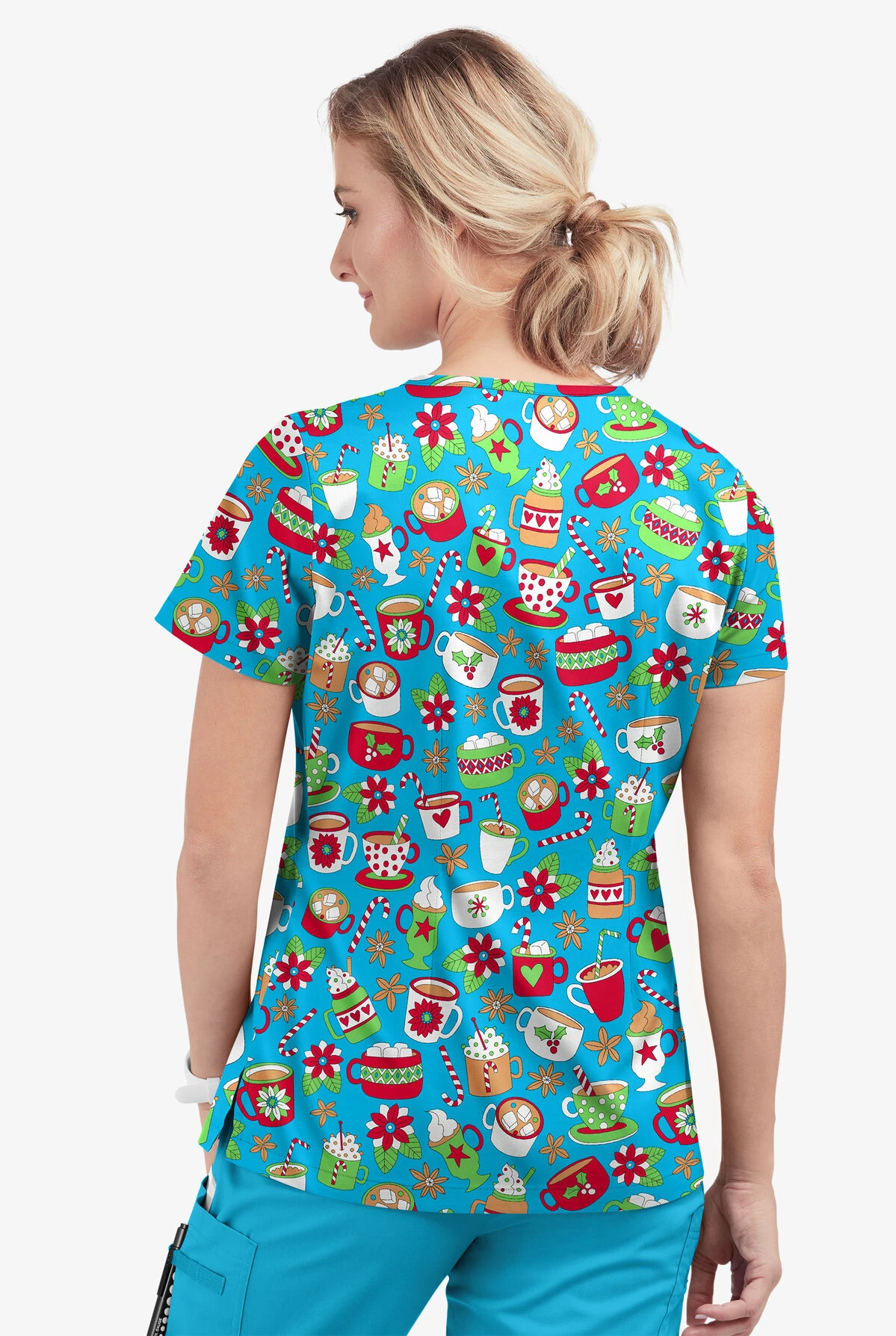Butter-Soft X-Mas Coco Turquoise Women's 1-Pocket V-Neck Tuck-In Print Scrub Top - Image 3