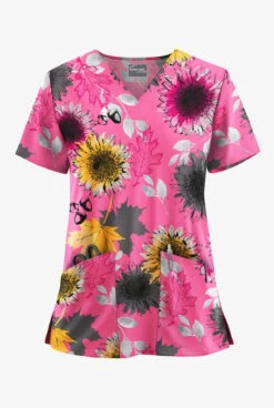 UA Butter-Soft STRETCH Autumn Sunflowers Fuchsia Women's 2-Pocket V-Neck Printed Scrub Top
