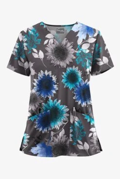 UA Butter-Soft STRETCH Autumn Sunflowers Pewter Women's 2-Pocket V-Neck Printed Scrub Top