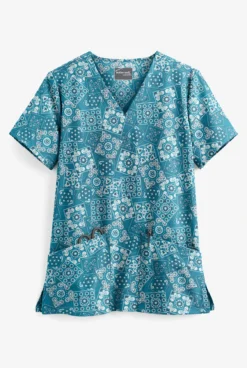 UA Butter-Soft STRETCH Bandana Paisley Harbor Blue Women's 2-Pocket V-Neck Print Scrub Top