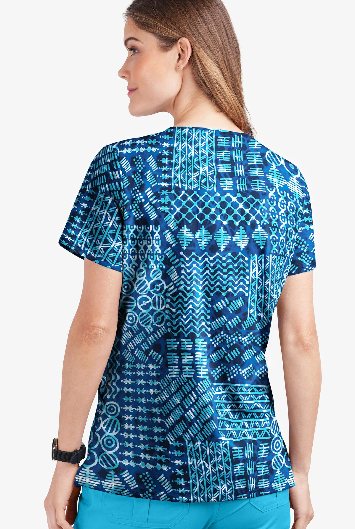 UA Butter-Soft STRETCH Dondo Patchwork Navy Women's 2-Pocket V-Neck Print Scrub Top - Image 2
