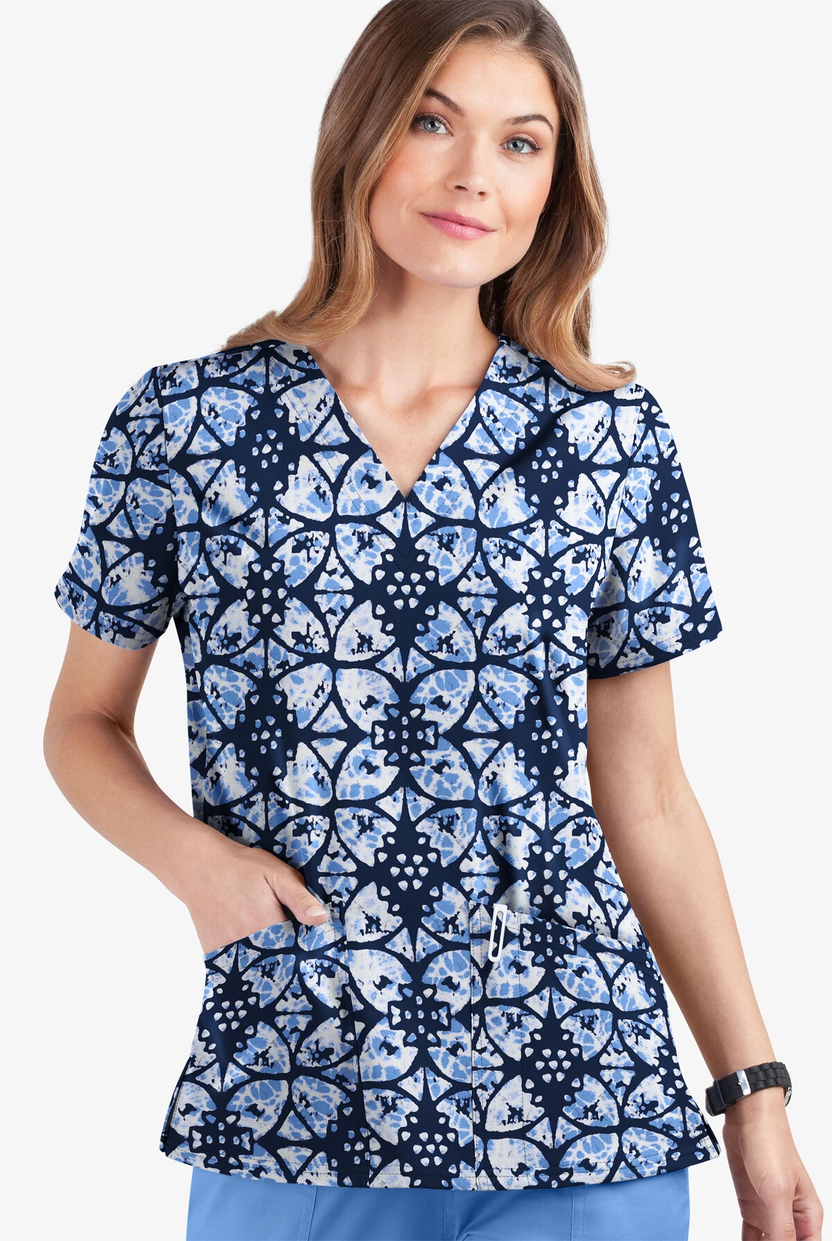 UA Butter-Soft STRETCH Desert Rose Navy Women's 2-Pocket V-Neck Print Scrub Top