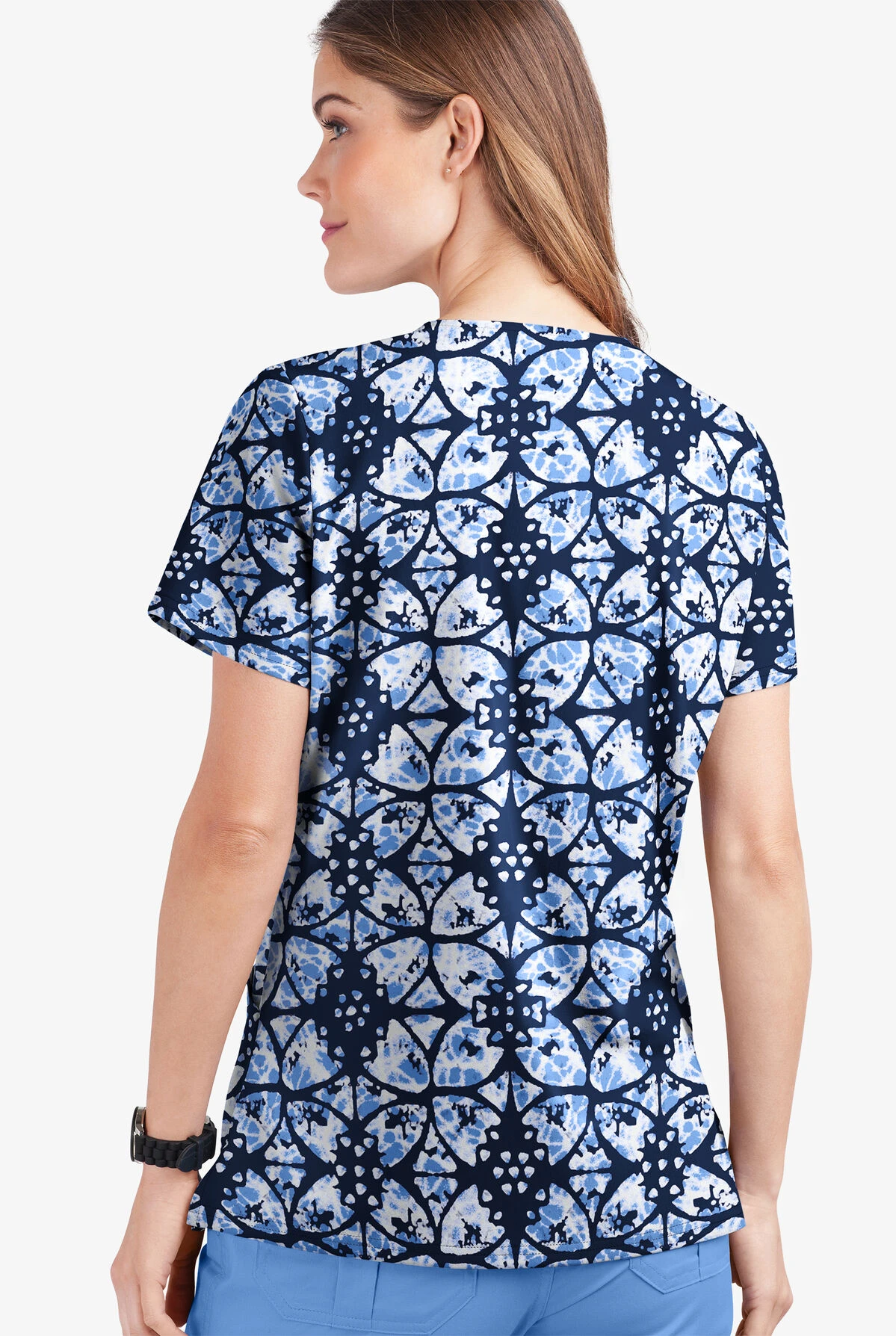 UA Butter-Soft STRETCH Desert Rose Navy Women's 2-Pocket V-Neck Print Scrub Top - Image 2