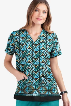 UA Butter-Soft STRETCH Day Dance Black Printed Women's 2-Pocket V-Neck Scrub Top