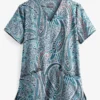 UA Butter-Soft STRETCH Floral Paisley Silver Women's 2-Pocket V-Neck Print Scrub Top
