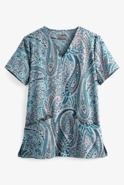 UA Butter-Soft STRETCH Floral Paisley Silver Women's 2-Pocket V-Neck Print Scrub Top