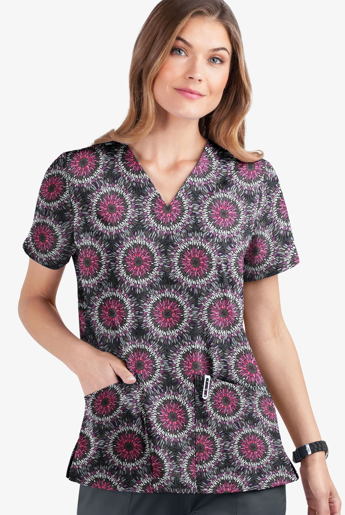 UA Butter-Soft STRETCH Splash Of Geo Pewter Women's 2-Pocket V-Neck Print Scrub Top