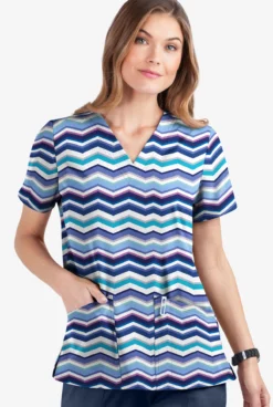 UA Butter-Soft STRETCH Miami Deco Aqua Moon Women's 2-Pocket V-Neck Print Scrub Top