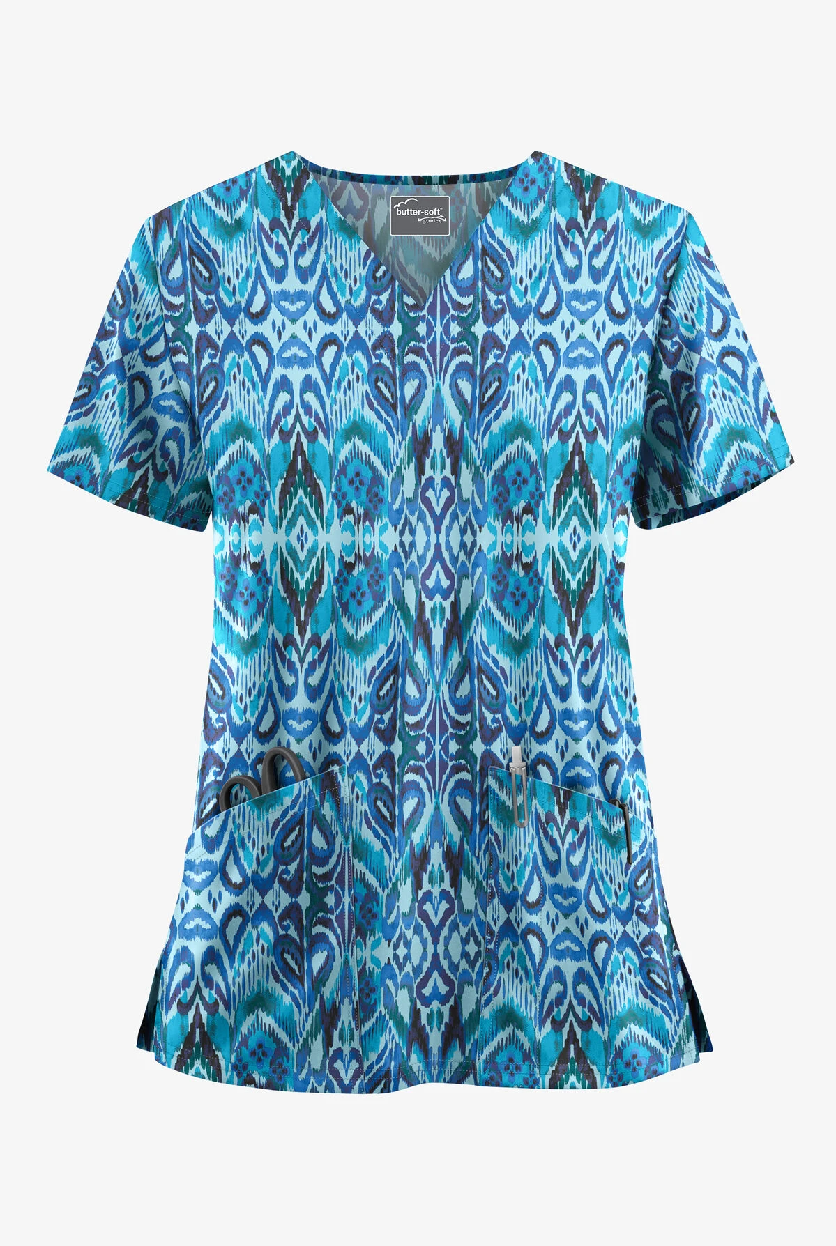 UA Butter-Soft STRETCH Romanian Ikat Dew Drop Women's 2-Pocket V-Neck Print Scrub Top