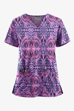 UA Butter-Soft STRETCH Romanian Ikat Orchid Women's 2-Pocket V-Neck Print Scrub Top