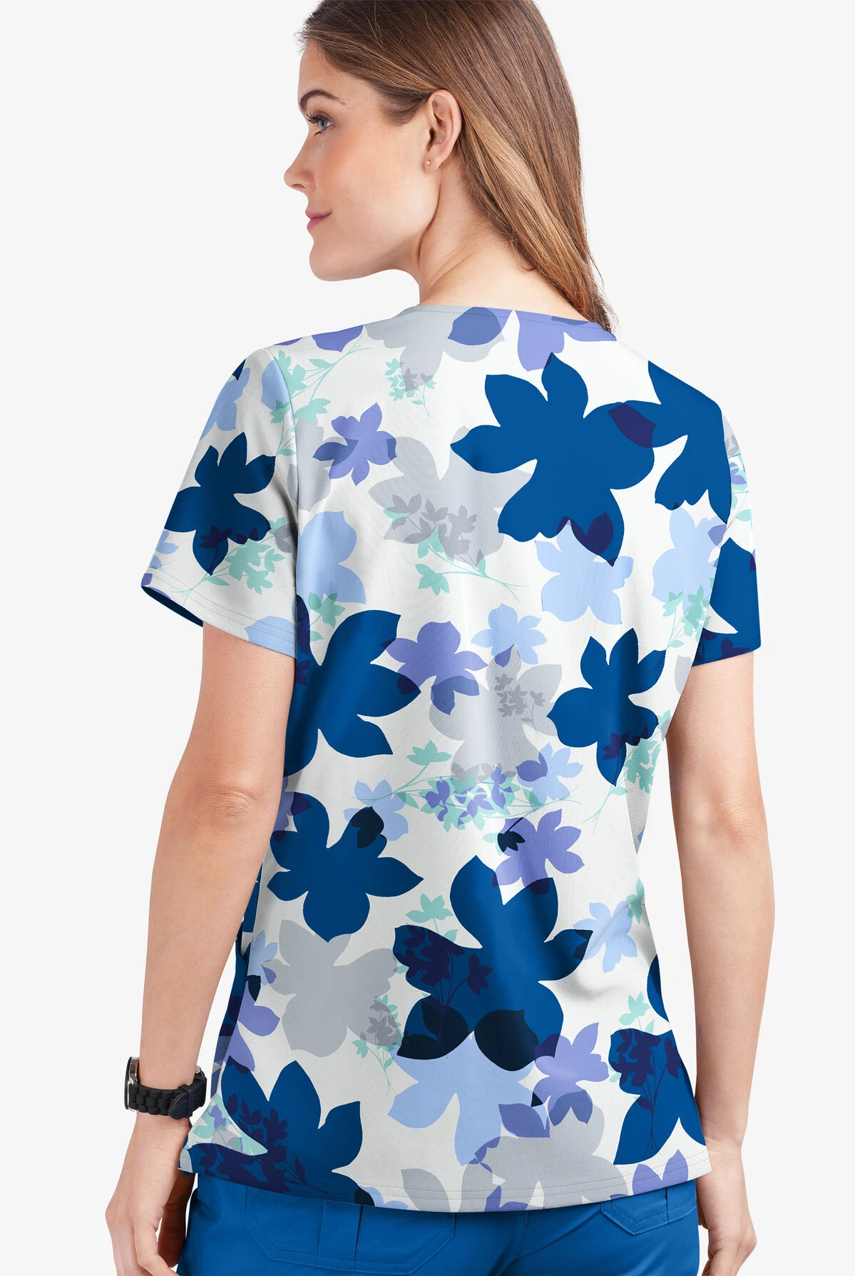 UA Butter-Soft STRETCH Floral Shades White Printed Women's 2-Pocket V-Neck Scrub Top - Image 2