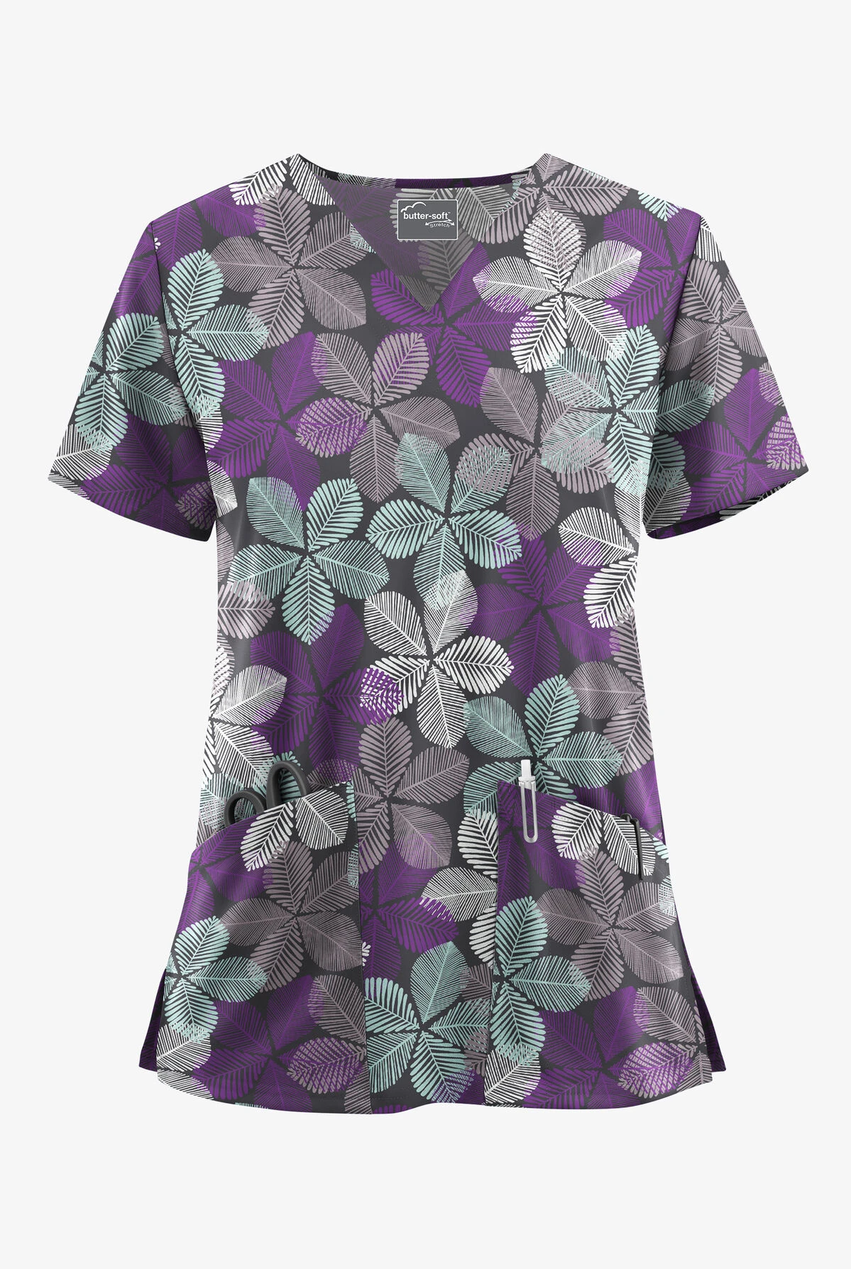 UA Butter-Soft STRETCH Subtle Leaves Pewter Women's 2-Pocket V-Neck Printed Scrub Top