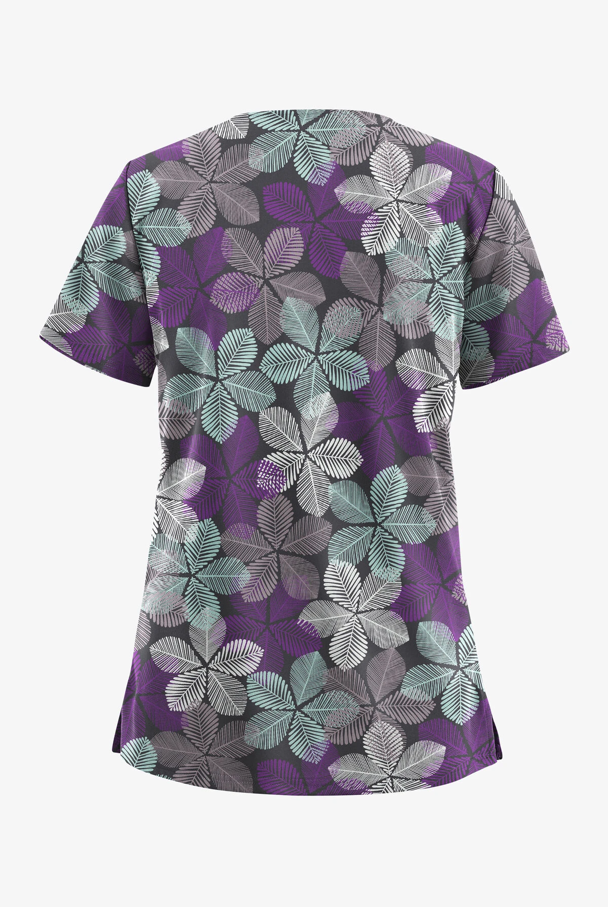 UA Butter-Soft STRETCH Subtle Leaves Pewter Women's 2-Pocket V-Neck Printed Scrub Top - Image 2