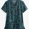 UA Butter-Soft STRETCH Floral Vines Black Printed Women's 2-Pocket V-Neck Scrub Top