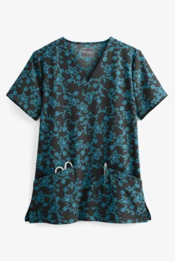 UA Butter-Soft STRETCH Floral Vines Black Printed Women's 2-Pocket V-Neck Scrub Top