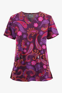 UA Butter-Soft STRETCH Vibrant Paisley Eggplant Women's 2-Pocket V-Neck Printed Scrub Top