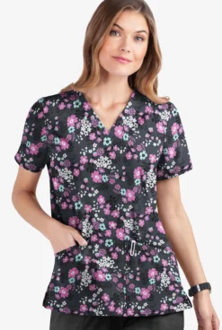 UA Butter-Soft STRETCH Whispering Floral Rosebud Women's 2-Pocket V-Neck Print Scrub Top