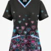 UA Butter-Soft STRETCH Bright Hearts Black Printed Women's V-Neck 3 Pocket Scrub Top