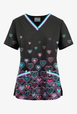 UA Butter-Soft STRETCH Bright Hearts Black Printed Women's V-Neck 3 Pocket Scrub Top