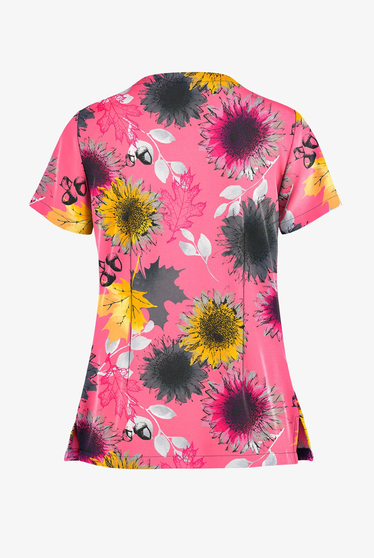 Butter-Soft Autumn Sunflowers Rose Dusk Women's 2-Pocket Keyhole V-Neck Printed Scrub Top - Image 2