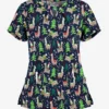 Butter-Soft Holiday Llamas Navy Women's 2-Pocket Keyhole V Neck Printed Scrub Top