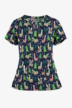Butter-Soft Holiday Llamas Navy Women's 2-Pocket Keyhole V Neck Printed Scrub Top