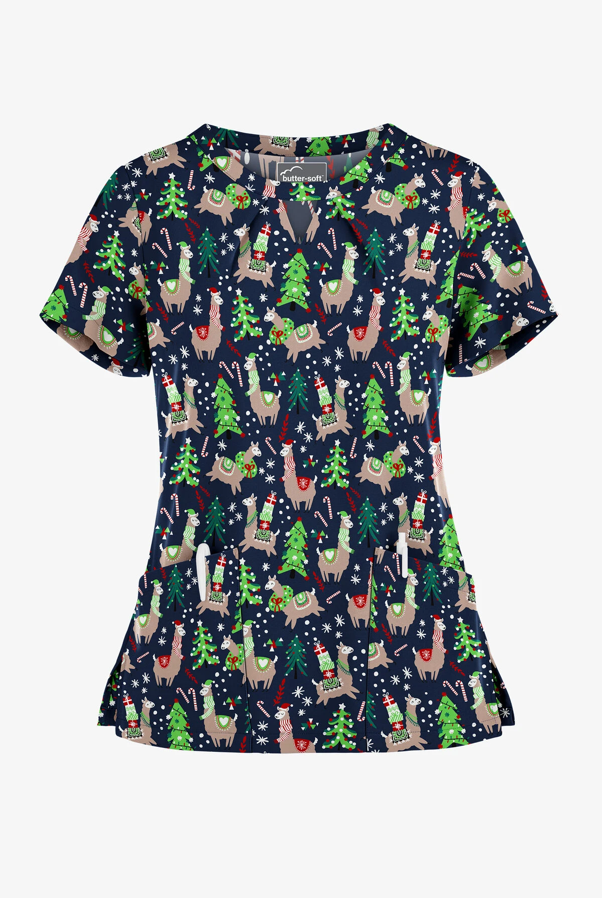 Butter-Soft Holiday Llamas Navy Women's 2-Pocket Keyhole V Neck Printed Scrub Top