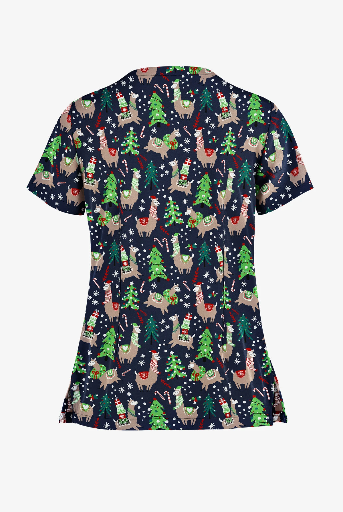 Butter-Soft Holiday Llamas Navy Women's 2-Pocket Keyhole V Neck Printed Scrub Top - Image 2