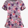 Butter-Soft Matisse Floral Silver Women's 2-Pocket Keyhole V Neck Printed Scrub Top