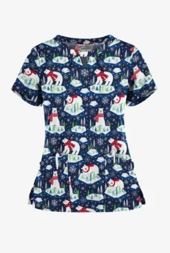 Butter-Soft Polar Holiday Navy Women's 2-Pocket Keyhole V Neck Printed Scrub Top