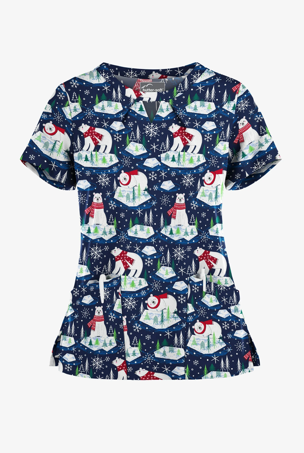 Butter-Soft Polar Holiday Navy Women's 2-Pocket Keyhole V Neck Printed Scrub Top
