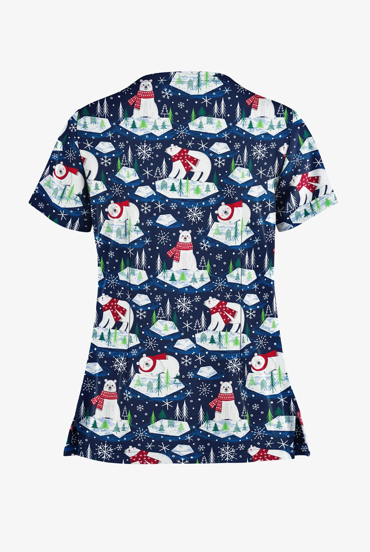 Butter-Soft Polar Holiday Navy Women's 2-Pocket Keyhole V Neck Printed Scrub Top - Image 2