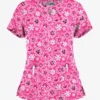 Butter-Soft Smiling Snowflakes Fuchsia Women's 2-Pocket Keyhole V Neck Printed Scrub Top