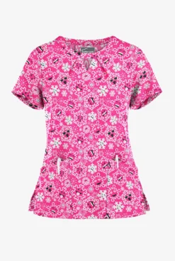 Butter-Soft Smiling Snowflakes Fuchsia Women's 2-Pocket Keyhole V Neck Printed Scrub Top