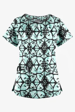 UA Butter-Soft STRETCH Desert Rose Black Printed Women's 6-Pocket Peasant Style Scrub Top