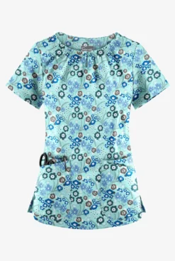 UA Butter-Soft STRETCH Petite Floral Aqua Moon Women's 6-Pocket Peasant Style Print Scrub Top