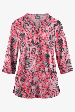 Butter-Soft Exotic Garden Silver Women's 2-Pocket Round Neckline Print Scrub Top