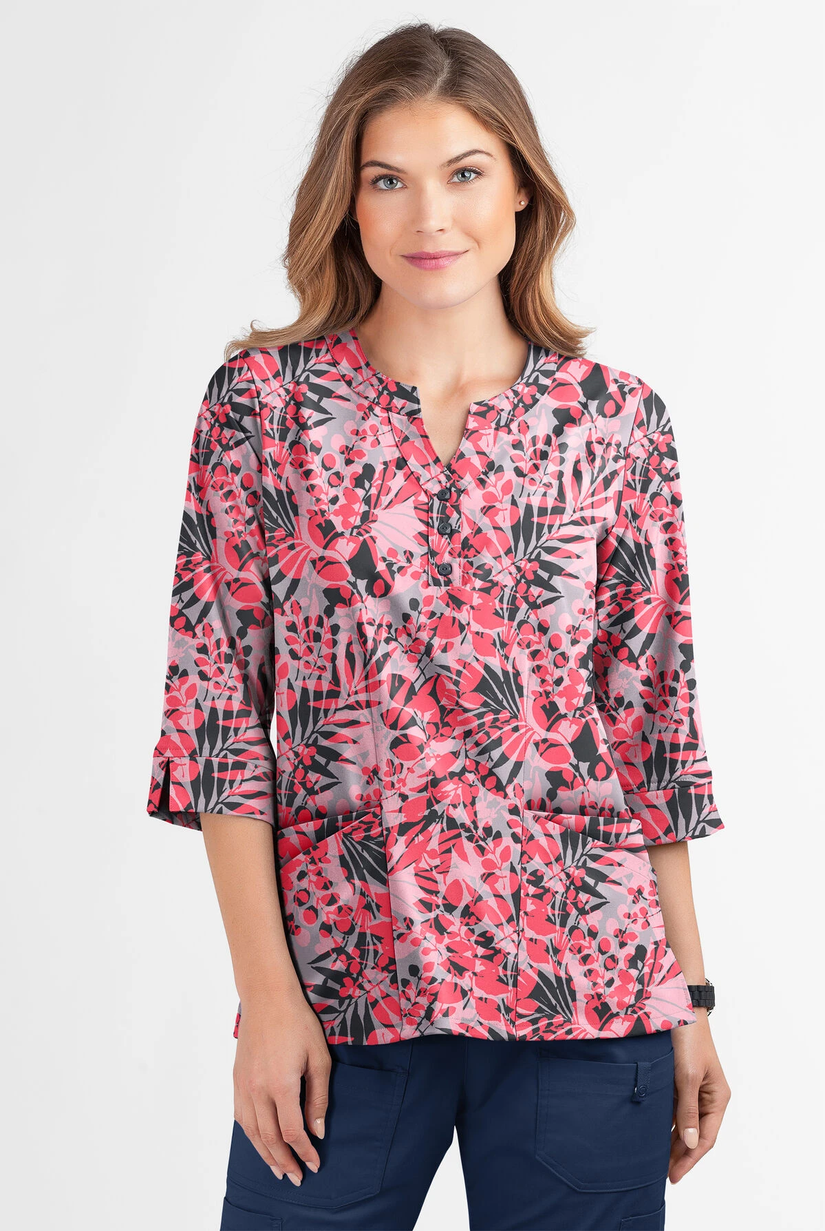 Butter-Soft Exotic Garden Silver Women's 2-Pocket Round Neckline Print Scrub Top - Image 2