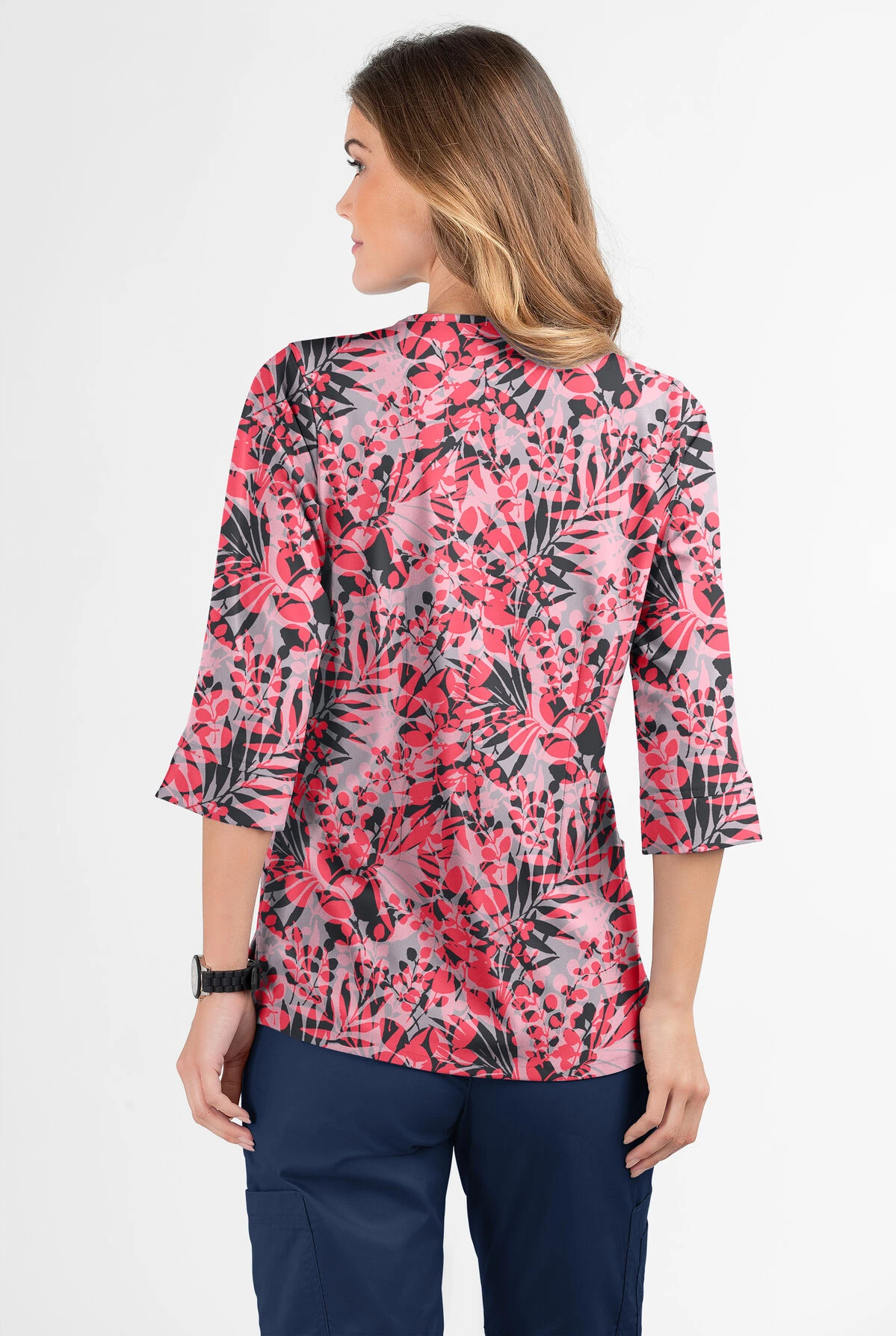 Butter-Soft Exotic Garden Silver Women's 2-Pocket Round Neckline Print Scrub Top - Image 3