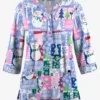 Butter-Soft Joyful Snowman Women's 2-Pocket Round Neckline Print Scrub Top