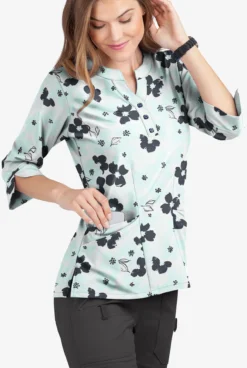 Butter-Soft Floral Elegance White Printed Women's 4-Pocket 3/4th Sleeve Scrub Top