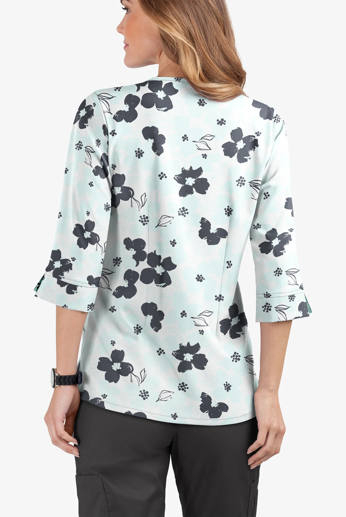 Butter-Soft Floral Elegance White Printed Women's 4-Pocket 3/4th Sleeve Scrub Top - Image 2