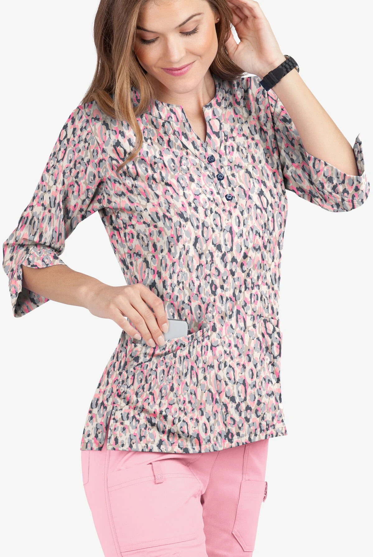 Butter-Soft Into The Wild Pearl Women's 4-Pocket 3/4th Sleeve Print Scrub Top