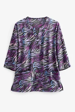 Butter-Soft Watercolor Zebra Black Printed Women's 4-Pocket 3/4th Sleeve Scrub Top
