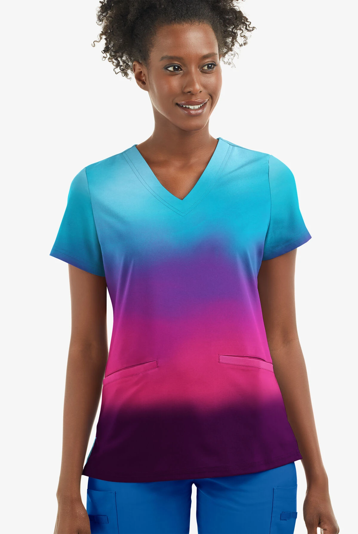 UA Butter-Soft STRETCH Evening Sky Ombre Women's 2-Angled Welt Pocket V-Neck Printed Scrub Top - Image 2