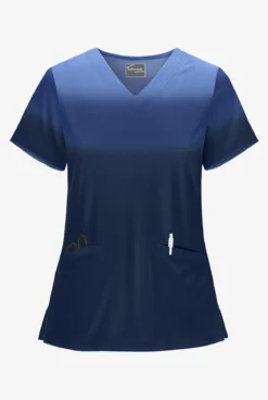 Butter-Soft STRETCH Prism Ombre Navy Women's 2-Pocket V-Neck Print Scrub Top