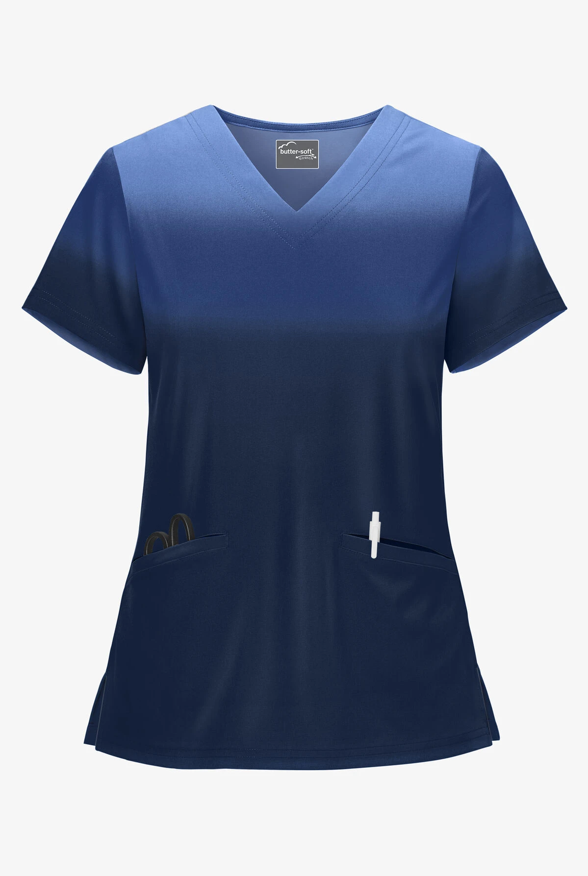 Butter-Soft STRETCH Prism Ombre Navy Women's 2-Pocket V-Neck Print Scrub Top