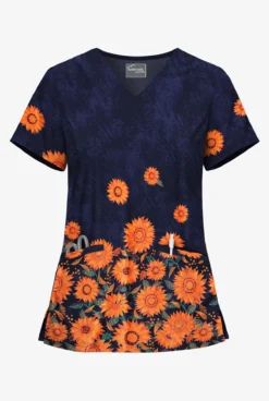 UA Butter-Soft STRETCH Sunflowers Navy Women's 2-Angled Welt Pocket V-Neck Printed Scrub Top