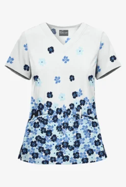 UA Butter-Soft Botanical Cascade White Printed Women's 2-Pocket V-Neck Scrub Top